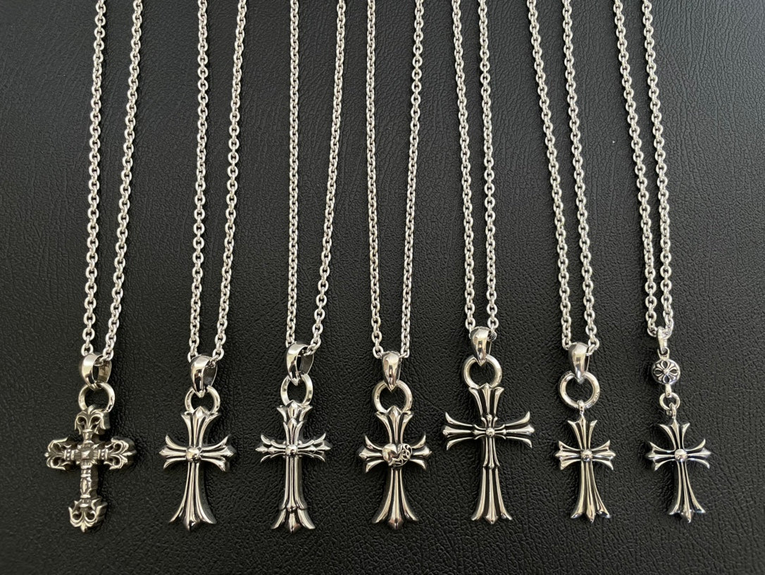 Silver-tone cross pendant necklaces on chain, assorted designs