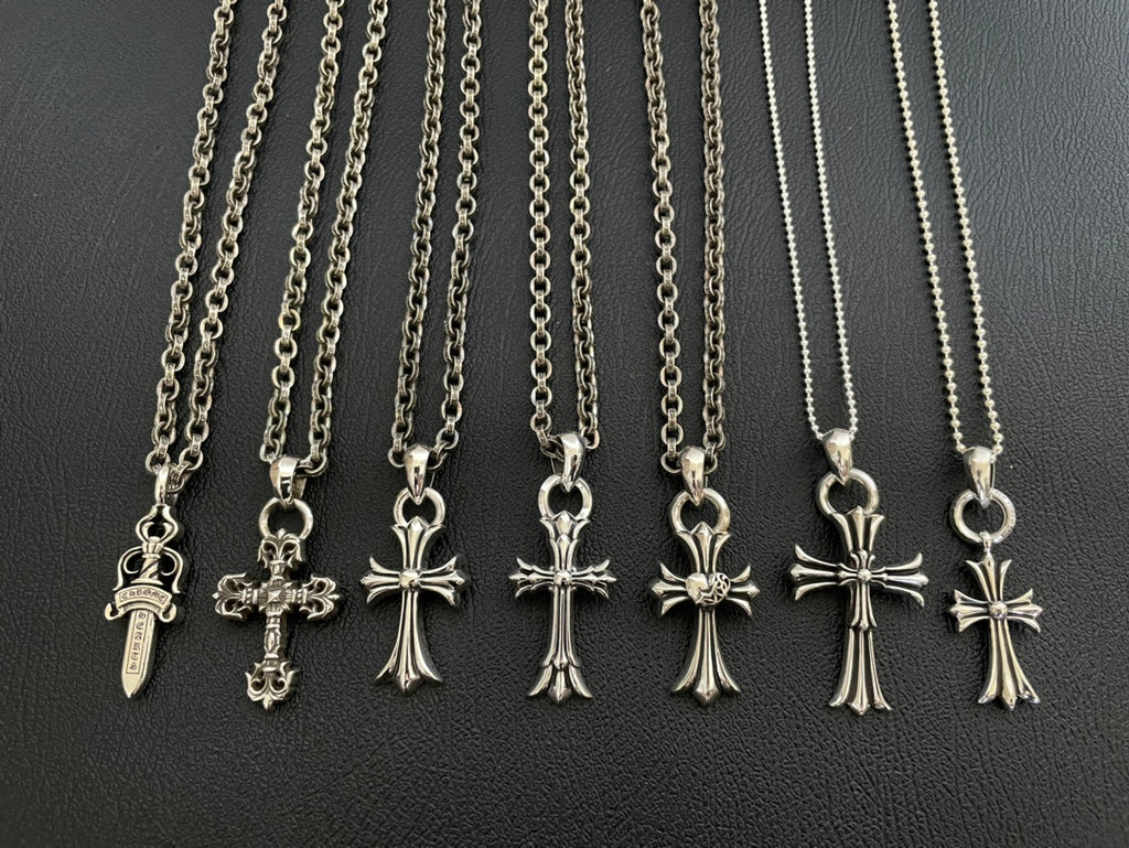 Set of chrome-tone chain necklaces with cross charms
