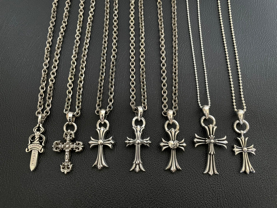 Set of chrome-tone chain necklaces with cross charms