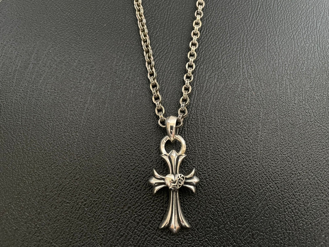 Chrome-tone chain necklace with filigree cross pendant