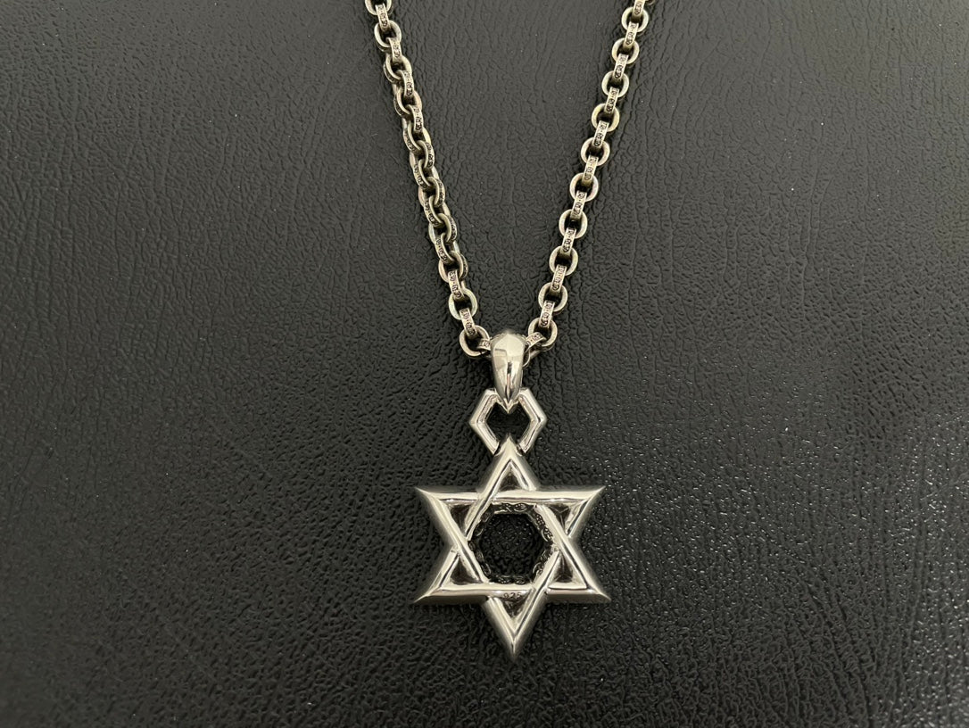 Silver-tone Star of David charm necklace with small loop bail on double chain.