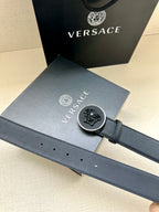 Versace dark blue leather belt with Medusa emblem buckle and multiple belt holes