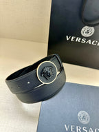 Versace dark blue leather belt with gold-edged round Medusa buckle
