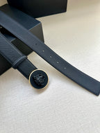 Versace dark blue leather belt side view showing belt holes and round Medusa buckle
