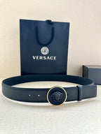 Versace belt in dark blue leather with gold-tone medallion buckle