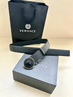 Versace belt with gold-tone round emblem buckle and dark blue strap