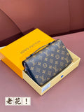 Louis Vuitton zip wallet with monogram canvas, blue trim, and gold zipper