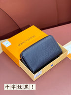 Men's small zipped wallet, dark blue textured leather, curved zip closure
