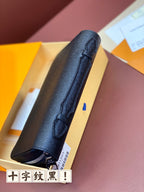 Men's small zipped wallet, dark blue textured leather side profile