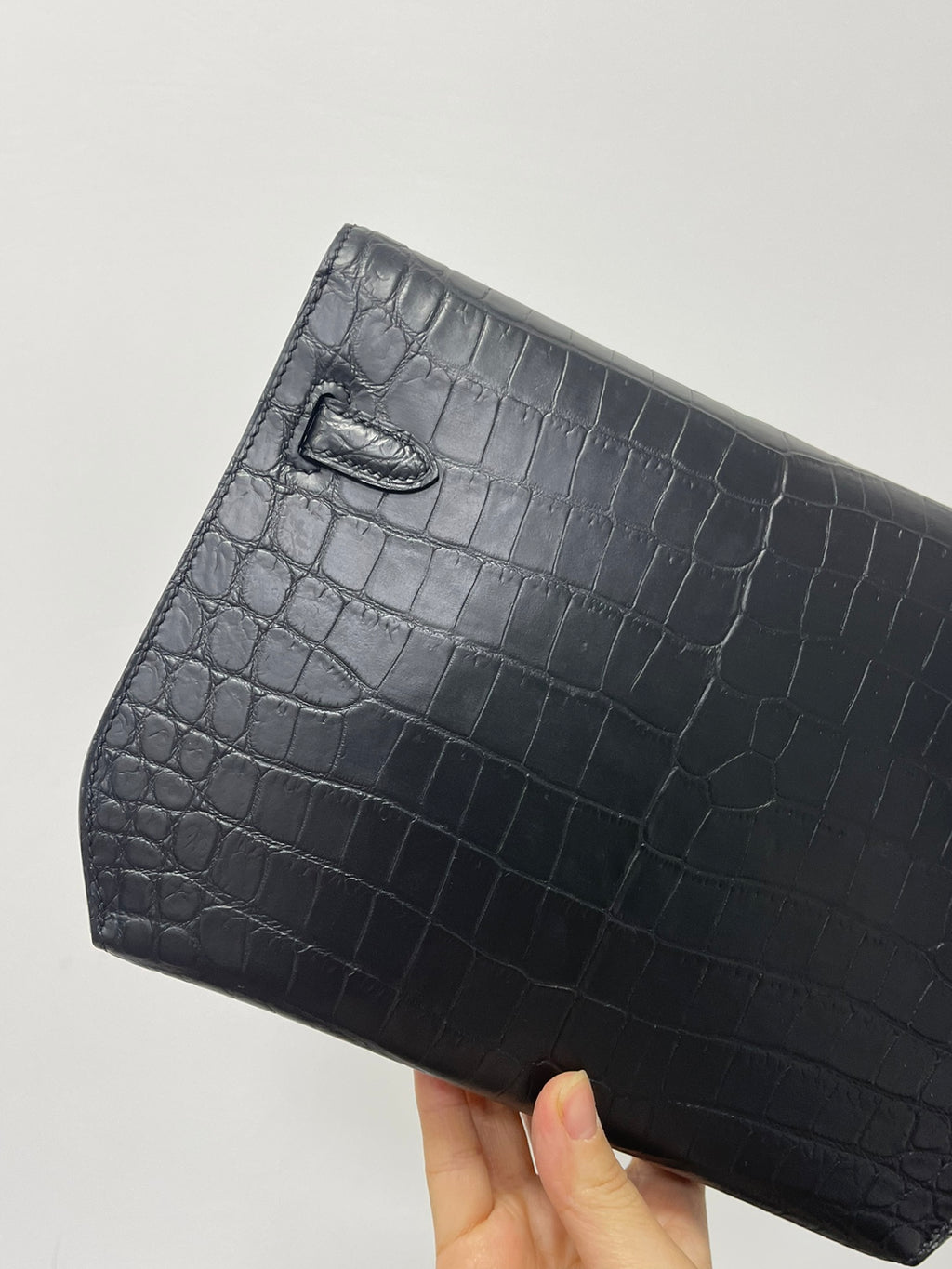 Hermes bag back side with textured crocodile embossing and hand strap loop