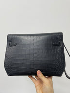 Hermes bag back, croc-textured dark flap with two belt loops and short strap ends