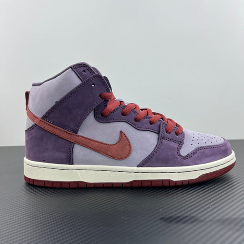 Purple suede high-top sneaker, white Swoosh, orange-red laces, off-white midsole and red outsole