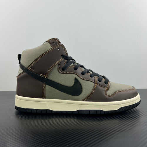 High-top sneaker with olive canvas, brown overlays, black swoosh, lace-up