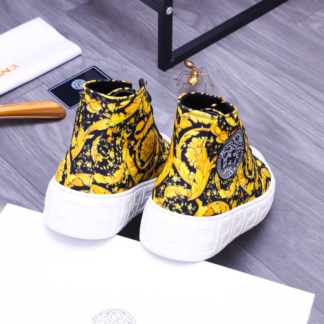 High-top sneakers, heel and back view of yellow-and-black floral print