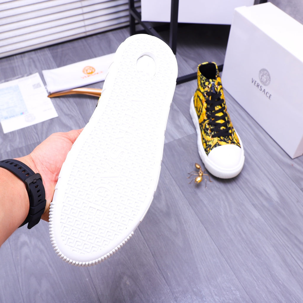 High-top sneaker outsole view with textured white tread and heel