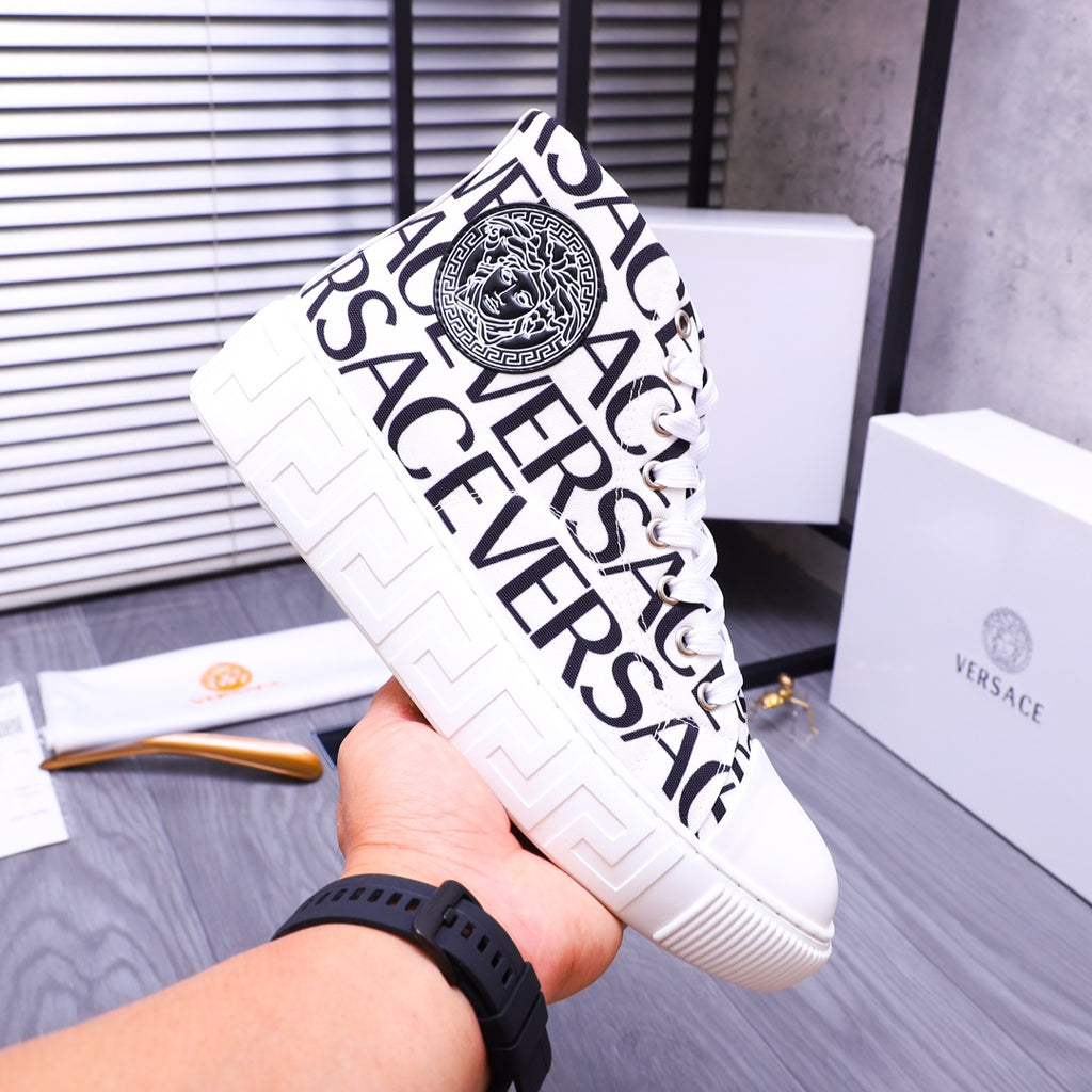 Versace high-top sneakers, white with black allover lettering and circular crest patch