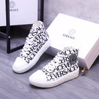 Versace high-top sneakers, white leather-look with black lettering and textured sole