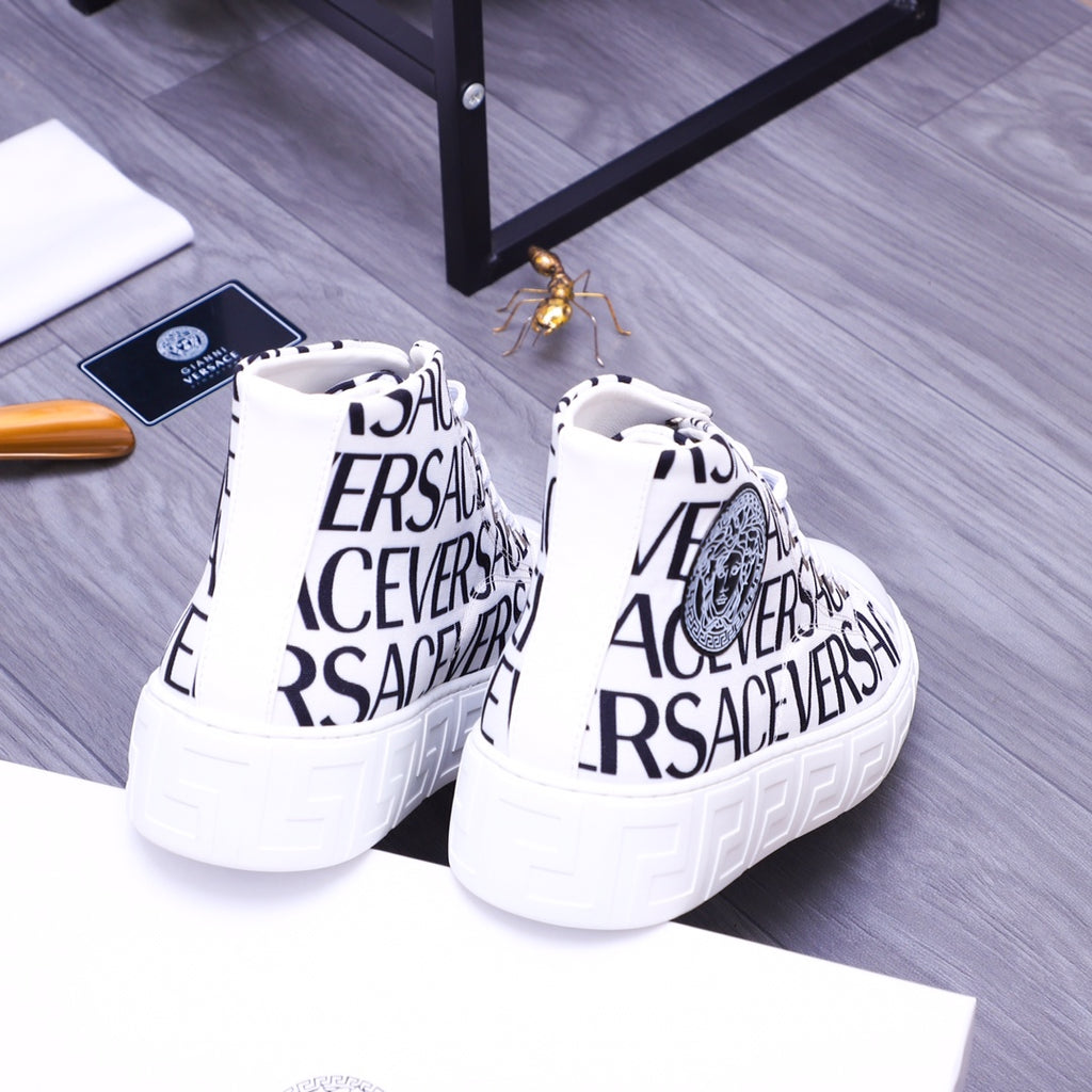 Versace high-top sneakers, white with black lettering at back and thick textured sole