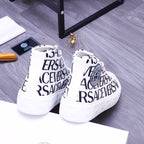 Versace high-top sneakers, white with black lettering at back and thick textured sole
