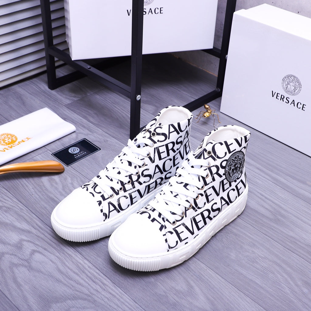 Versace high-top sneakers, white with black "VERSACE" logo print and lace-up