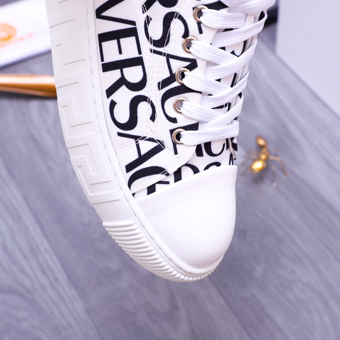 Versace high-top sneakers, white with black logo print side panel and white laces