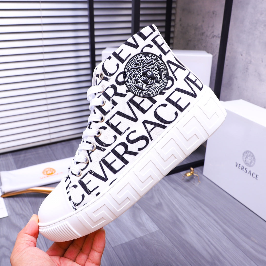 Versace high-top sneakers, white with black lettering and Medusa-style crest at ankle