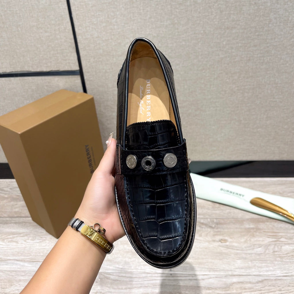 Burberry luxury loafers, black embossed leather with round metal studs