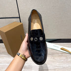 Burberry luxury loafers, black embossed leather with round metal studs