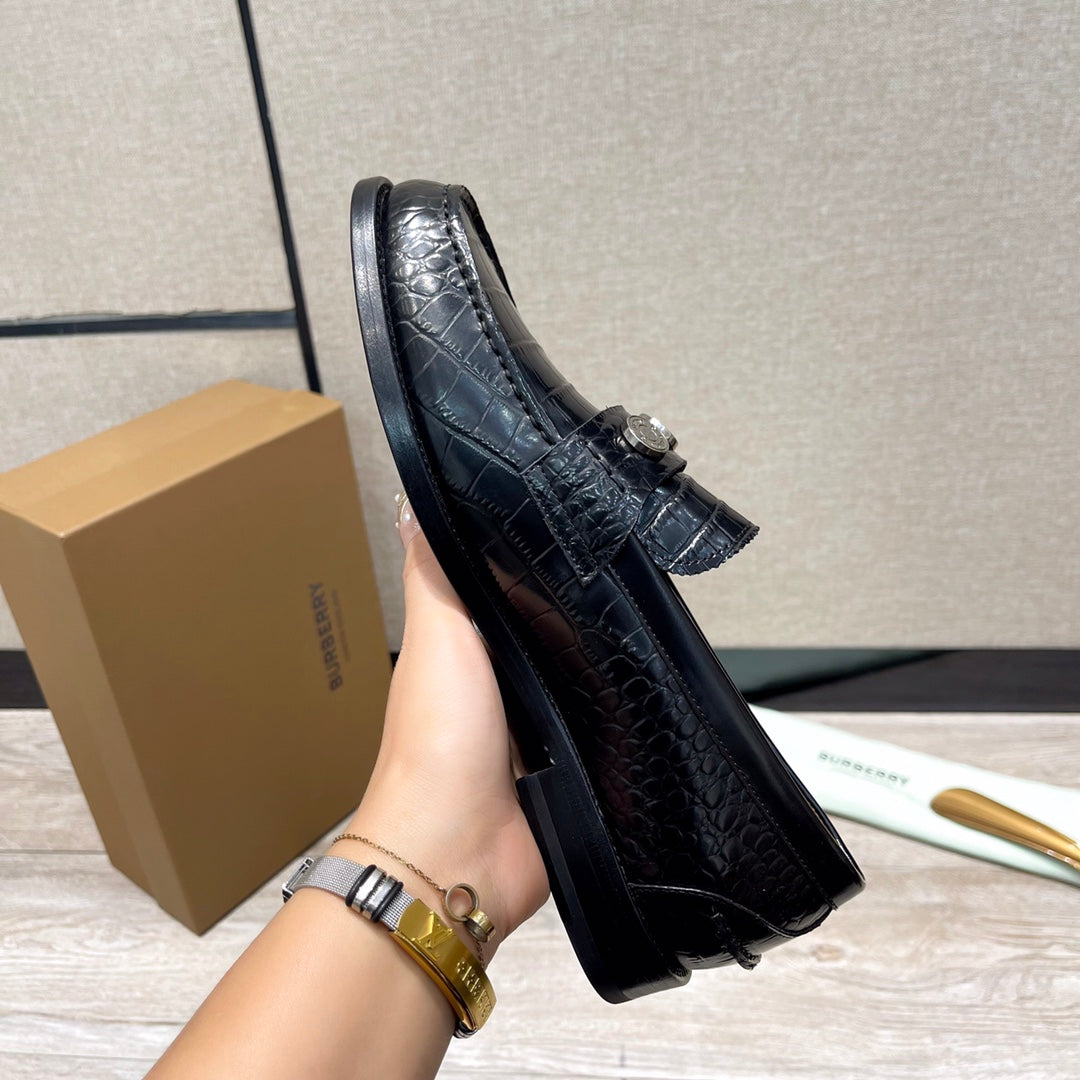 Burberry luxury loafers, black embossed leather, metal hardware and moc toe