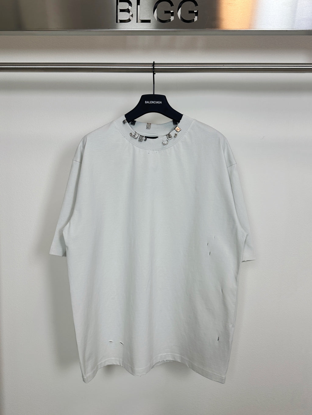Balenciaga white short-sleeve T-shirt with studded crew neck collar