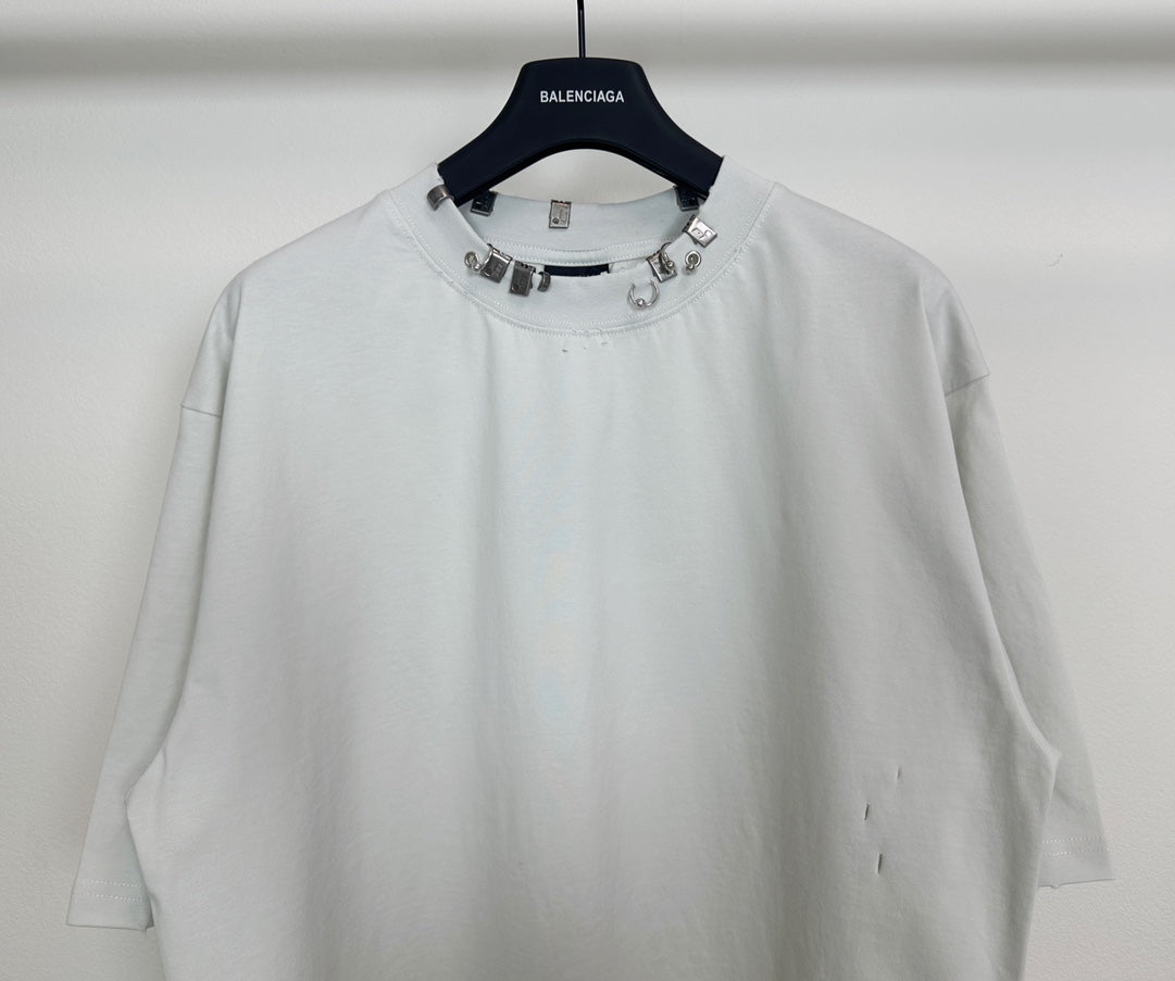 Balenciaga white short-sleeve T-shirt with studded neckline trim