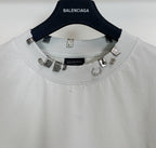 Balenciaga white crewneck T-shirt with studded collar trim and logo label
