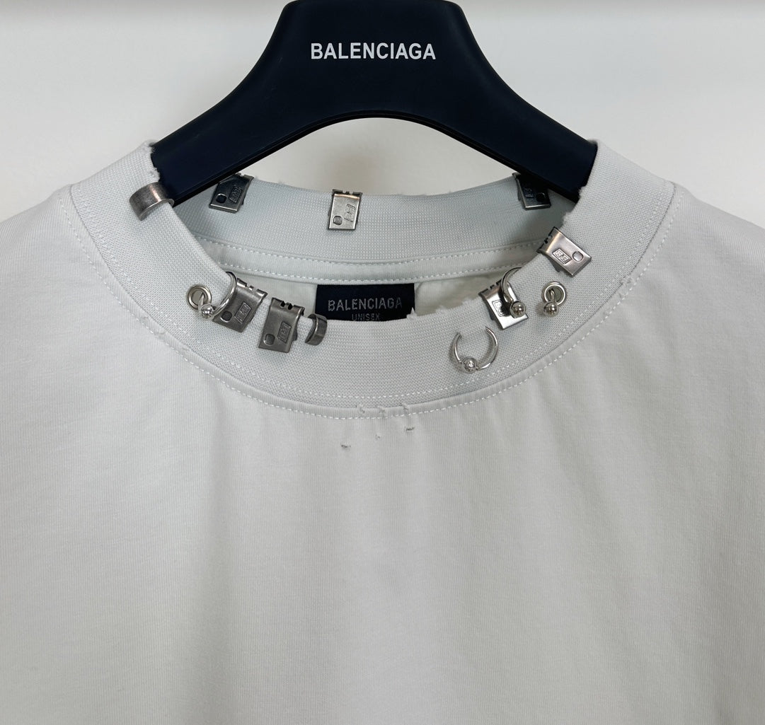 Balenciaga white crewneck T-shirt with studded collar trim and logo label