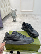 Gucci unisex lace-up sneakers, dark navy and charcoal pair on box, rubber sole
