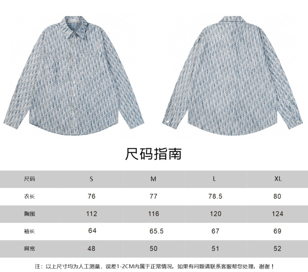 Light blue patterned button-up shirt front and back views with size chart