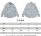 Light blue patterned button-up shirt front and back views with size chart
