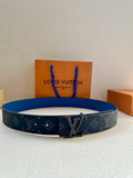 Louis Vuitton monogram belt with blue leather strap and silver-tone LV buckle