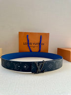 Louis Vuitton monogram belt with blue leather strap and silver-tone LV buckle