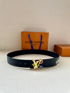 Louis Vuitton leather belt with multicolor charm buckle on dark navy strap