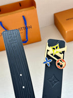 Louis Vuitton belt set showing dark navy strap pieces with multicolor square buckle