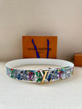 Belt with white leather strap and multicolor graffiti pattern, gold-tone buckle