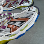 Balenciaga unisex sneakers close-up: silver mesh with purple details and textured sole accents