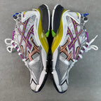 Balenciaga unisex sneakers front view: silver mesh with purple accents, brown stripe, and lime-yellow midsoles