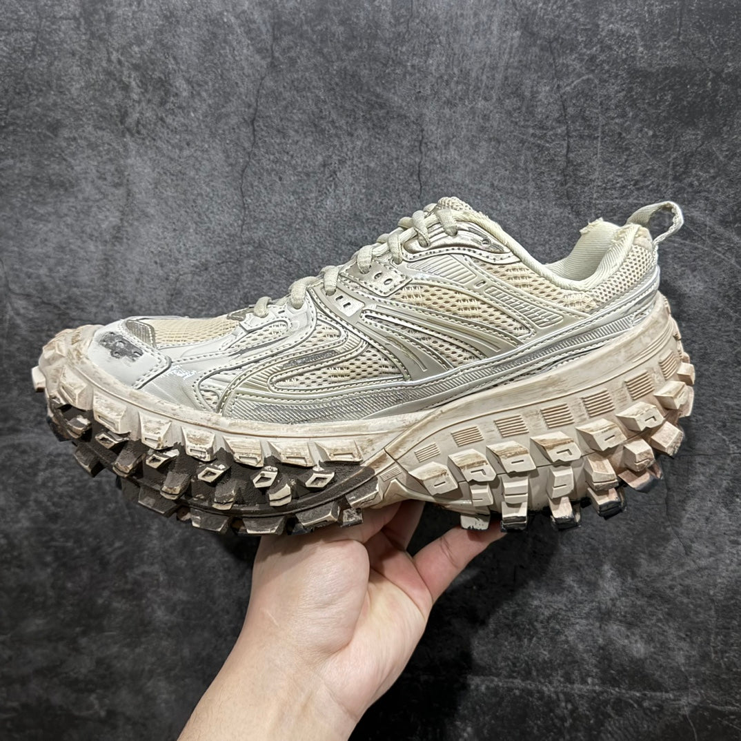 Balenciaga unisex sneakers side view, off-white upper with thick grip lug outsole