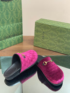 Pink velvet slide sandals, gold horsebit buckle and dark cushioned sole