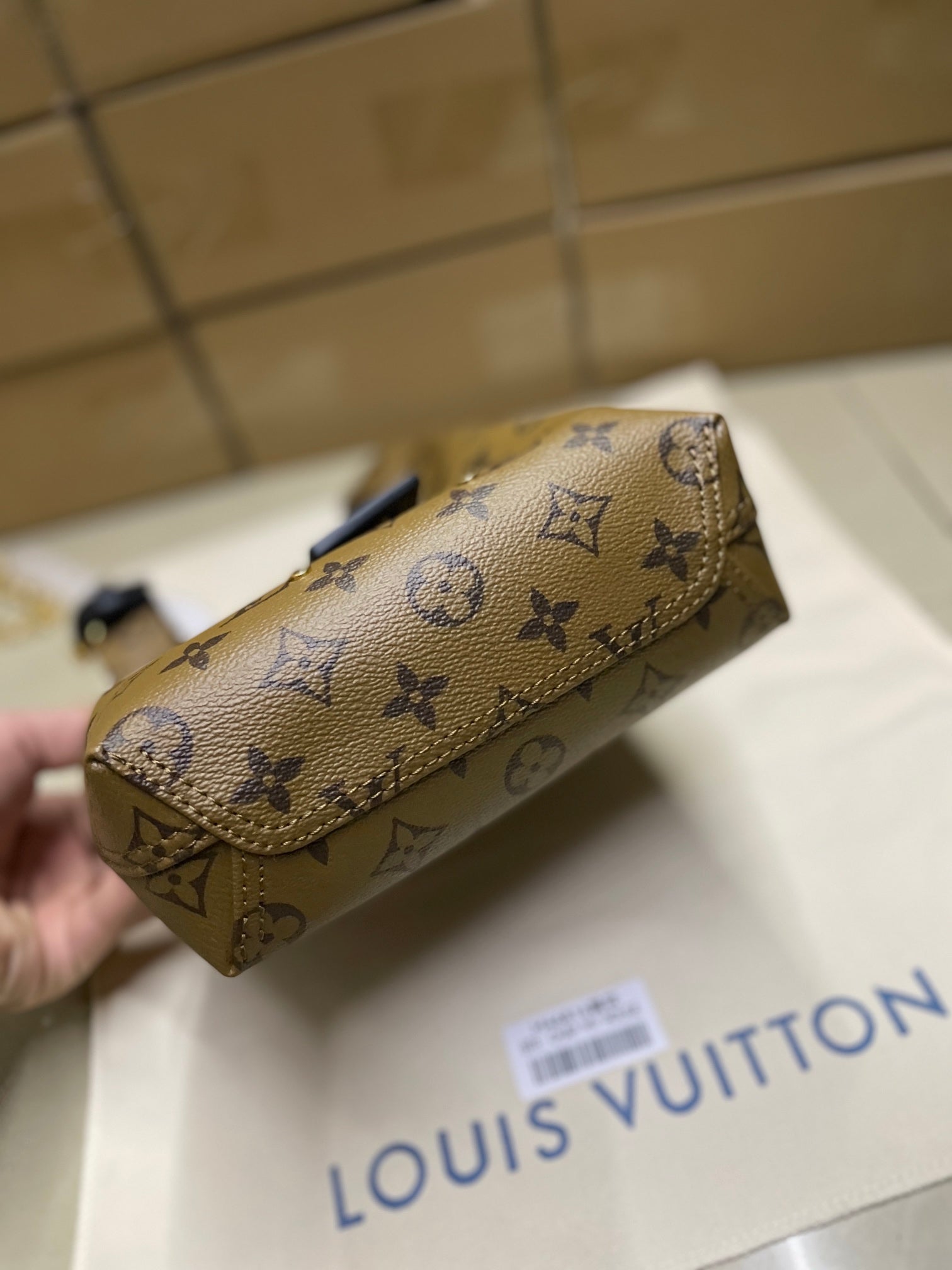 Louis Vuitton monogram wallet clutch with flap, navy strap and gold-tone hardware