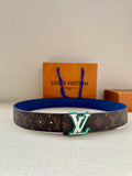 Louis Vuitton monogram belt with dark canvas and blue leather strap, silver LV buckle