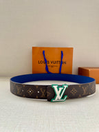 Louis Vuitton monogram belt with dark canvas and blue leather strap, silver LV buckle