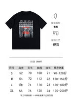 Black crew-neck T-shirt with front graphic; size chart shown