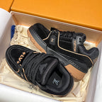 Louis Vuitton trainer shoes, black uppers with knit texture, shown in retail box
